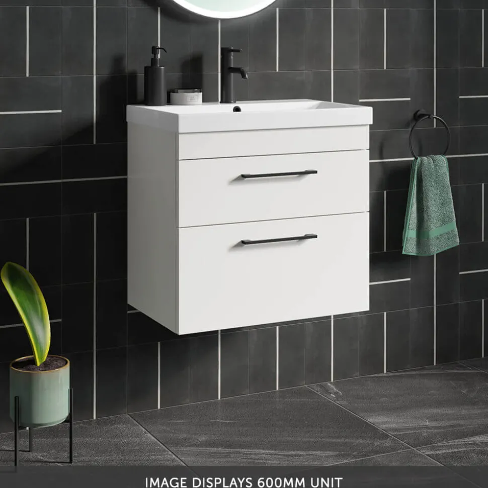 Emily Gloss White Wall Mounted 2 Drawer Vanity Unit, Thin-Edged Basin, Matt Black Handles & Overflow