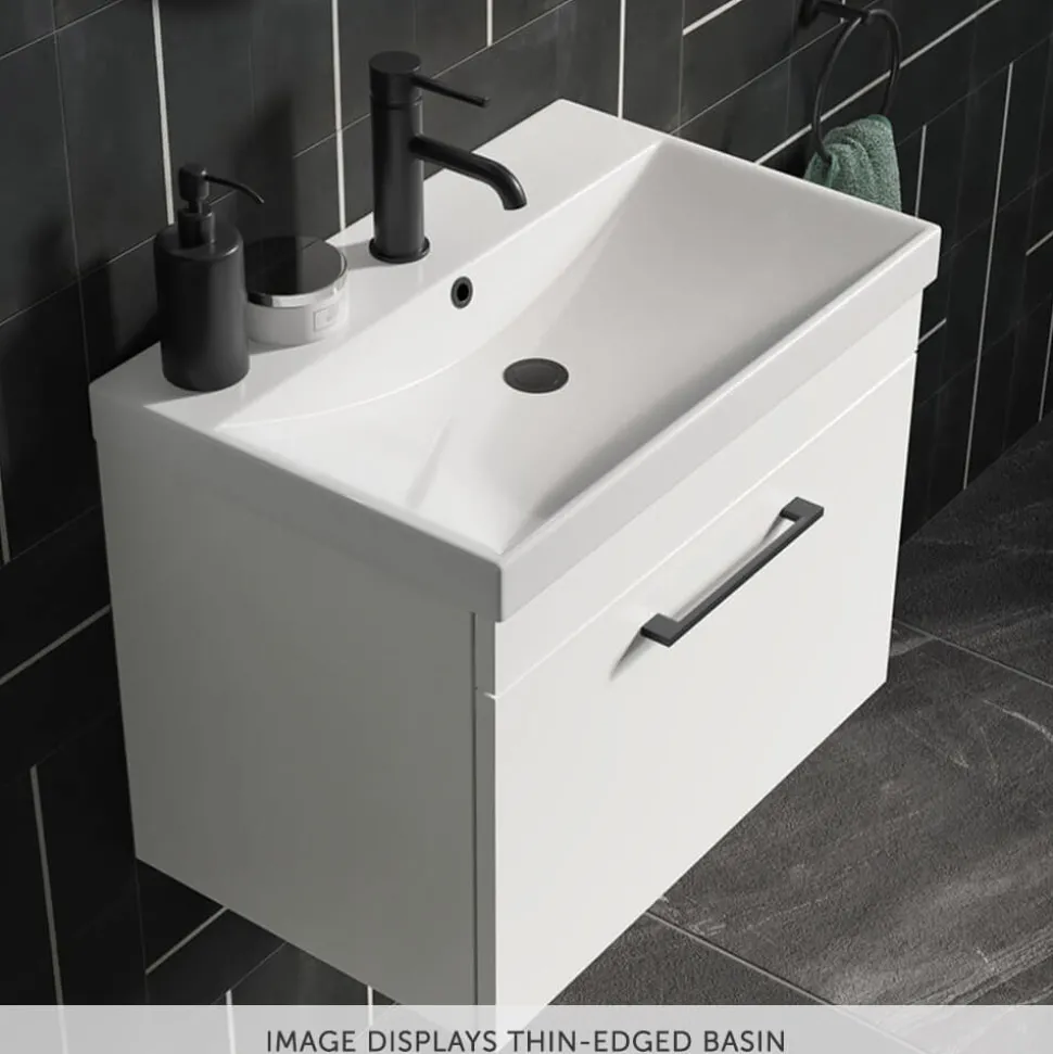 Emily Gloss White Wall Mounted 2 Drawer Vanity Unit, Thin-Edged Basin, Matt Black Handles & Overflow