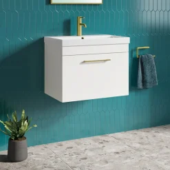 Emily Gloss White Wall Mounted 1 Drawer Vanity Unit, Thin-Edged Basin, Brushed Brass Handle & Overflow
