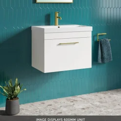 Emily Gloss White Wall Mounted 1 Drawer Vanity Unit, Thin-Edged Basin, Brushed Brass Handle & Overflow