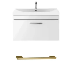 Emily Gloss White Wall Mounted 1 Drawer Vanity Unit, Thin-Edged Basin, Brushed Brass Handle & Overflow