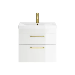 Emily Gloss White Wall Mounted 2 Drawer Vanity Unit, Thin-Edged Basin, Brushed Brass Handles & Overflow