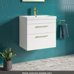 Emily Gloss White Wall Mounted 2 Drawer Vanity Unit, Thin-Edged Basin, Brushed Brass Handles & Overflow