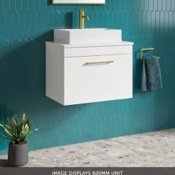 Emily Gloss White Wall Mounted 1 Drawer Vanity Unit and Countertop with Brushed Brass Handle