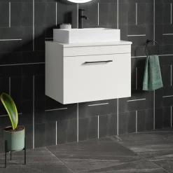 Emily Gloss White Wall Mounted 1 Drawer Vanity Unit and Countertop with Matt Black Handle