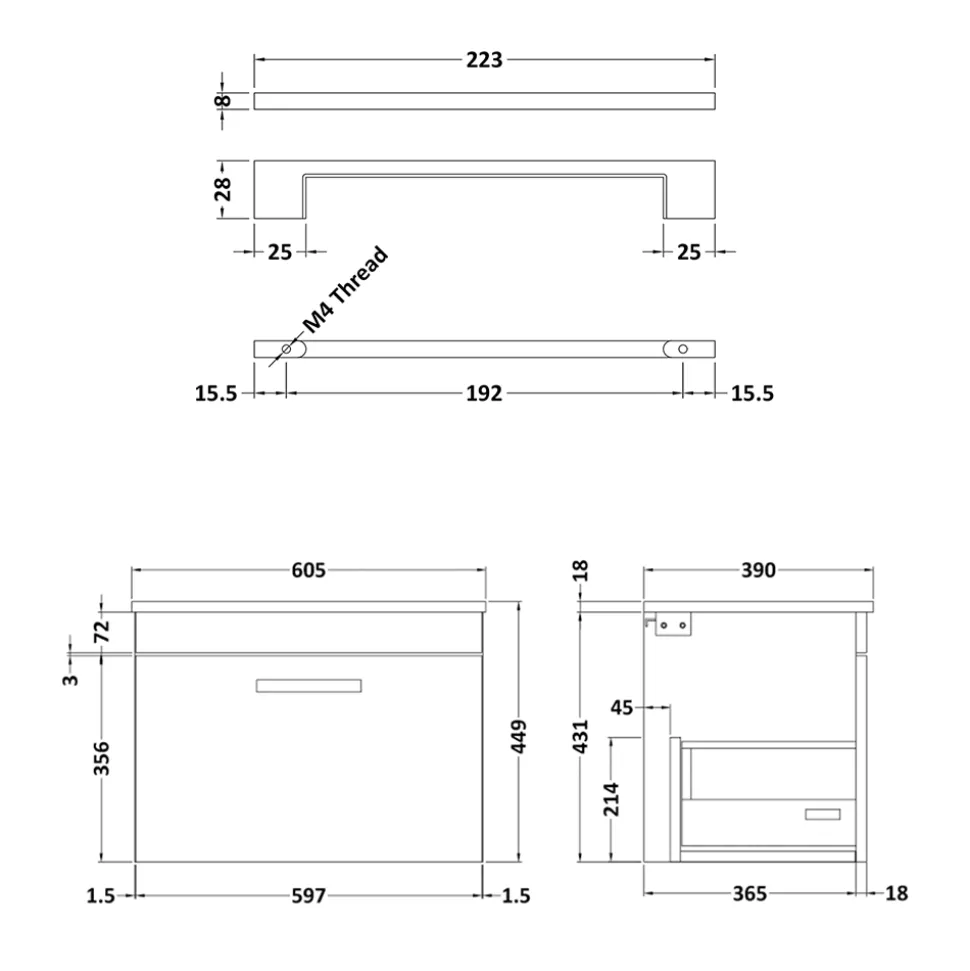 Emily Gloss White Wall Mounted 1 Drawer Vanity Unit and Countertop with Matt Black Handle