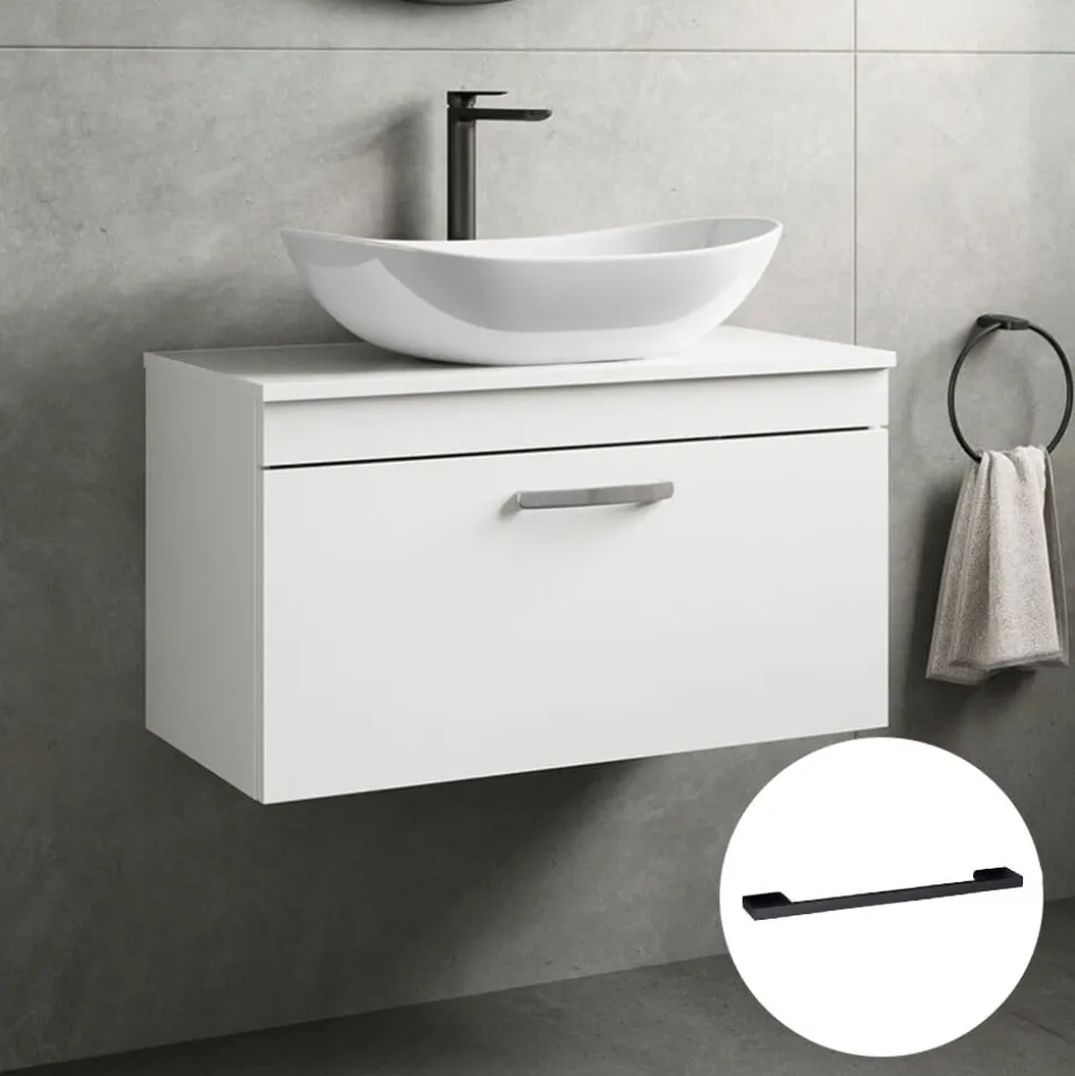 Emily Gloss White Wall Mounted 1 Drawer Vanity Unit and Countertop with Matt Black Handle