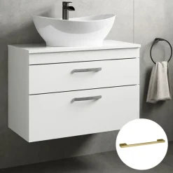 Emily Gloss White Wall Mounted 2 Drawer Vanity Unit and Countertop with Brushed Brass Handles