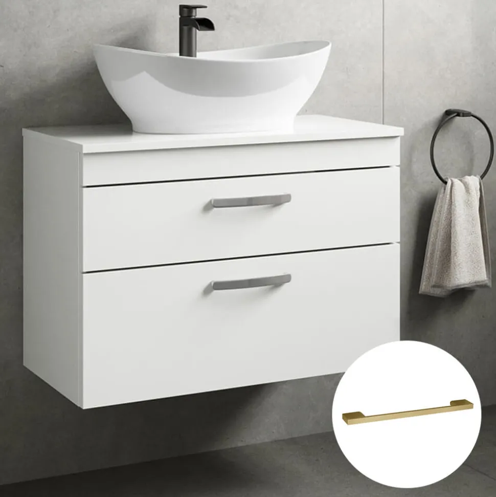 Emily Gloss White Wall Mounted 2 Drawer Vanity Unit and Countertop with Brushed Brass Handles