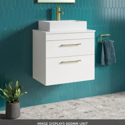 Emily Gloss White Wall Mounted 2 Drawer Vanity Unit and Countertop with Brushed Brass Handles