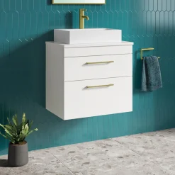 Emily Gloss White Wall Mounted 2 Drawer Vanity Unit and Countertop with Brushed Brass Handles