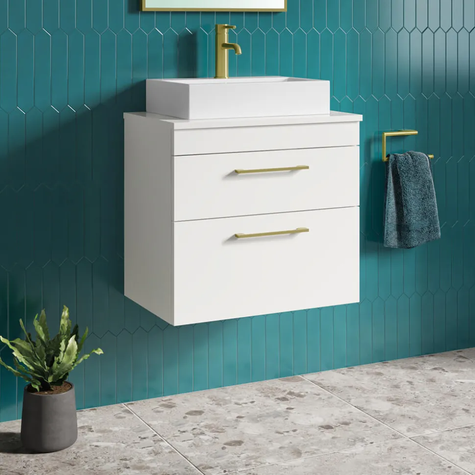 Emily Gloss White Wall Mounted 2 Drawer Vanity Unit and Countertop with Brushed Brass Handles