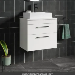 Emily Gloss White Wall Mounted 2 Drawer Vanity Unit and Countertop with Matt Black Handles