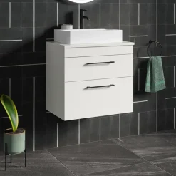 Emily Gloss White Wall Mounted 2 Drawer Vanity Unit and Countertop with Matt Black Handles