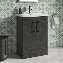 Emily Hacienda Black Floorstanding 2 Door Vanity Unit, Thin-Edged Basin, Matt Black Handles & Overflow