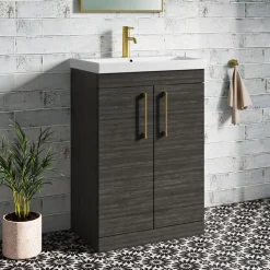 Emily Hacienda Black Floorstanding 2 Door Vanity Unit, Thin-Edged Basin, Brushed Brass Handles & Overflow