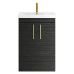 Emily Hacienda Black Floorstanding 2 Door Vanity Unit, Thin-Edged Basin, Brushed Brass Handles & Overflow