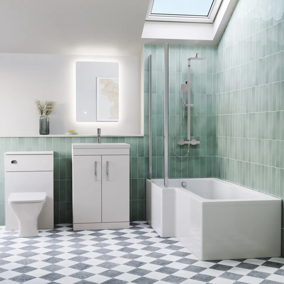 Emily L Shaped Shower Bath Suite with Rimless Back to Wall Toilet & 1700mm Bath