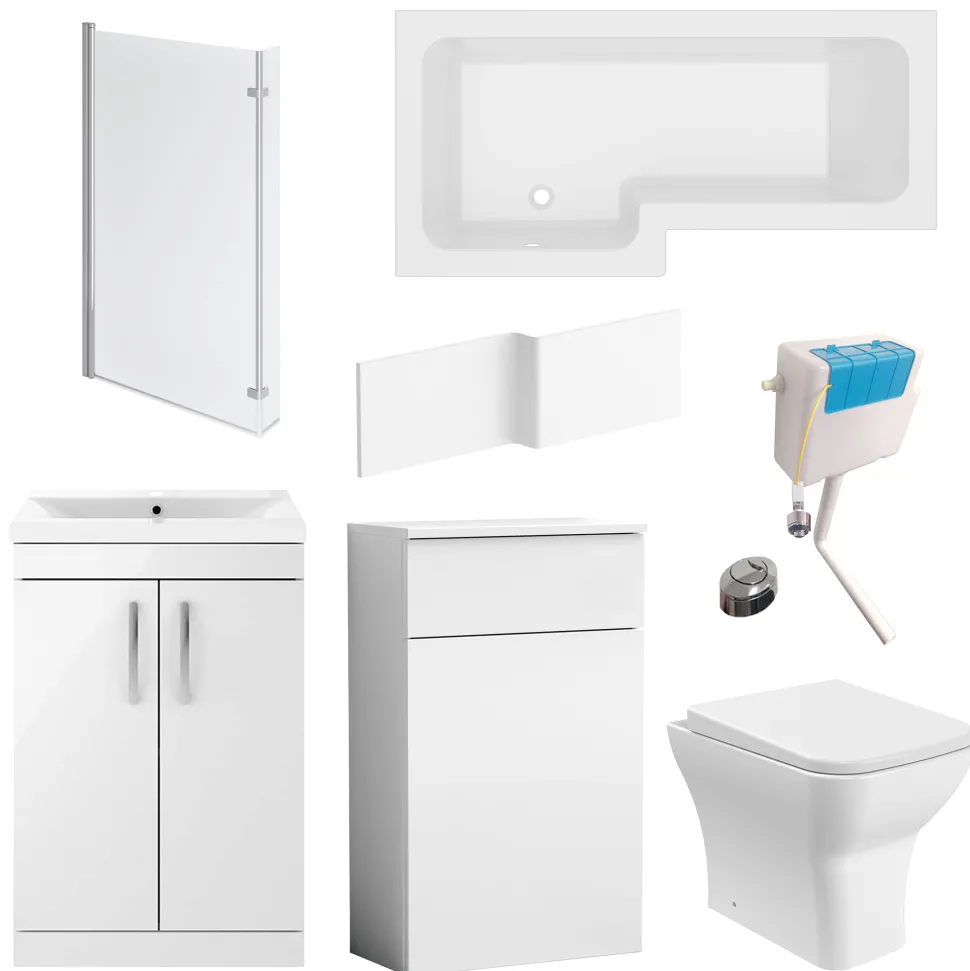 Emily L Shaped Shower Bath Suite with Rimless Back to Wall Toilet & 1700mm Bath