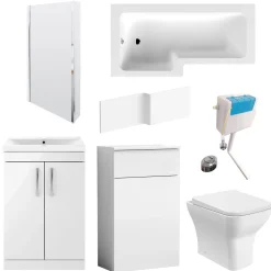 Emily L Shaped Shower Bath Suite with Rimless Back to Wall Toilet & 1700mm Bath