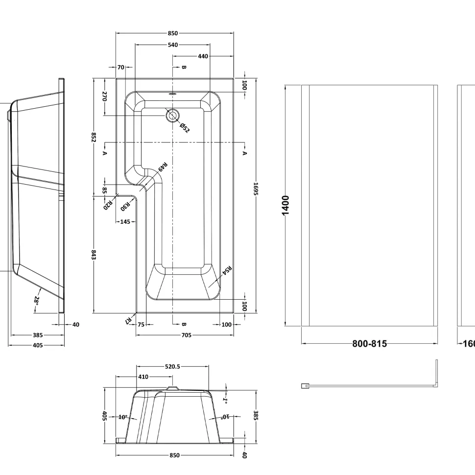 Emily L Shaped Shower Bath Suite with Rimless Back to Wall Toilet & 1700mm Bath