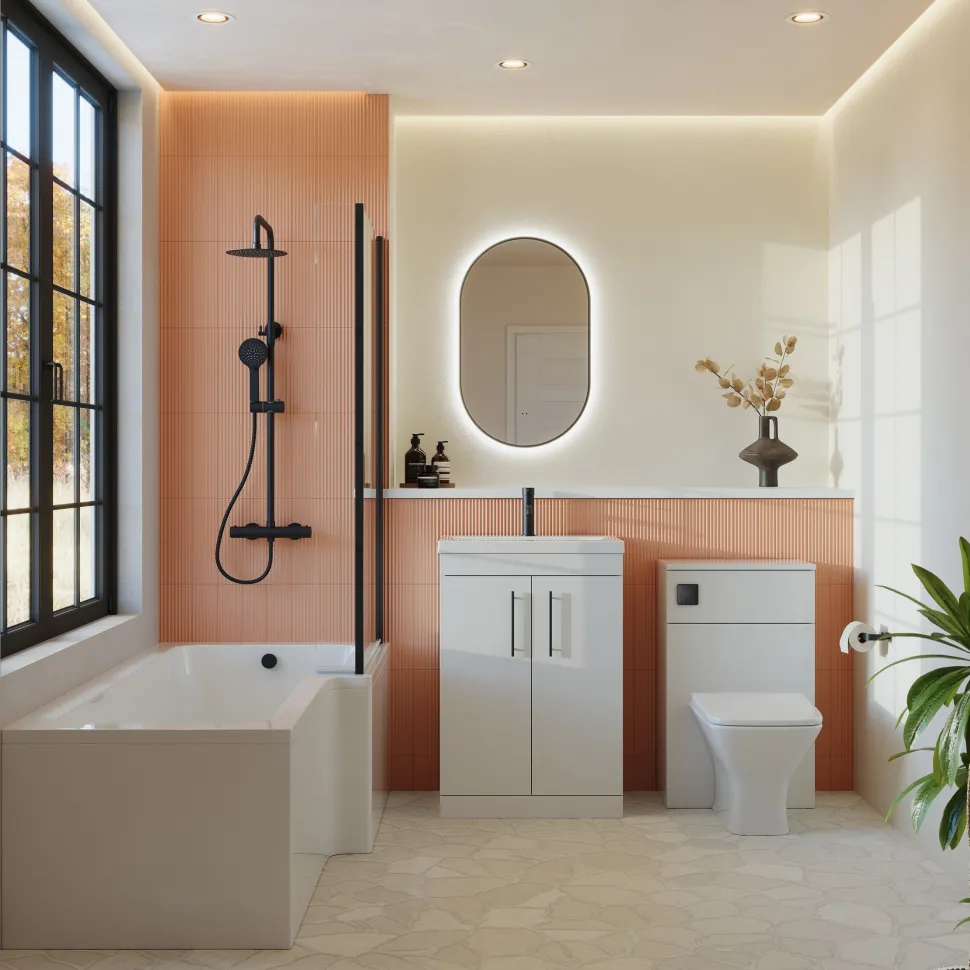 Emily Matt Black L Shaped Shower Bath Suite with Rimless Back to Wall Toilet & 1700mm Bath