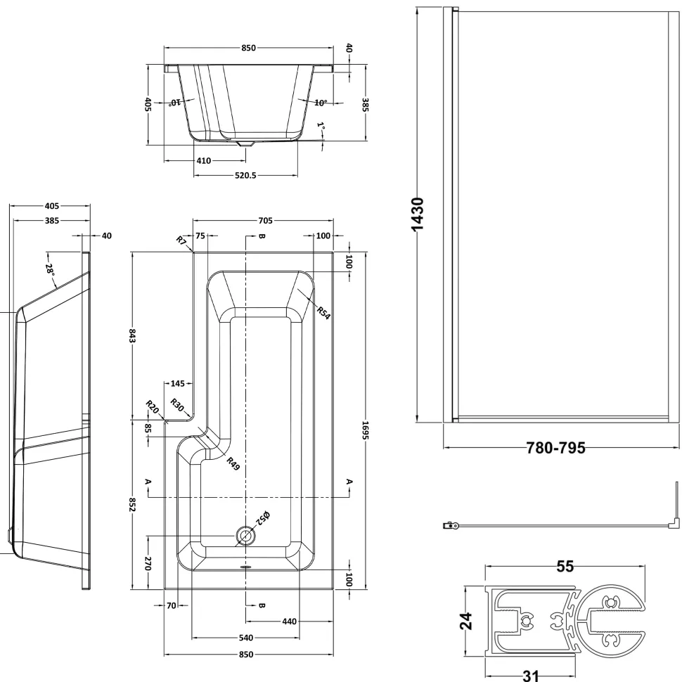 Emily Matt Black L Shaped Shower Bath Suite with Rimless Back to Wall Toilet & 1700mm Bath