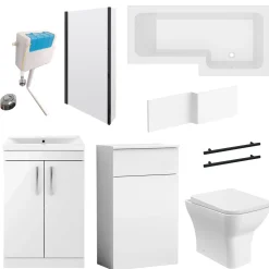 Emily Matt Black L Shaped Shower Bath Suite with Rimless Back to Wall Toilet & 1700mm Bath