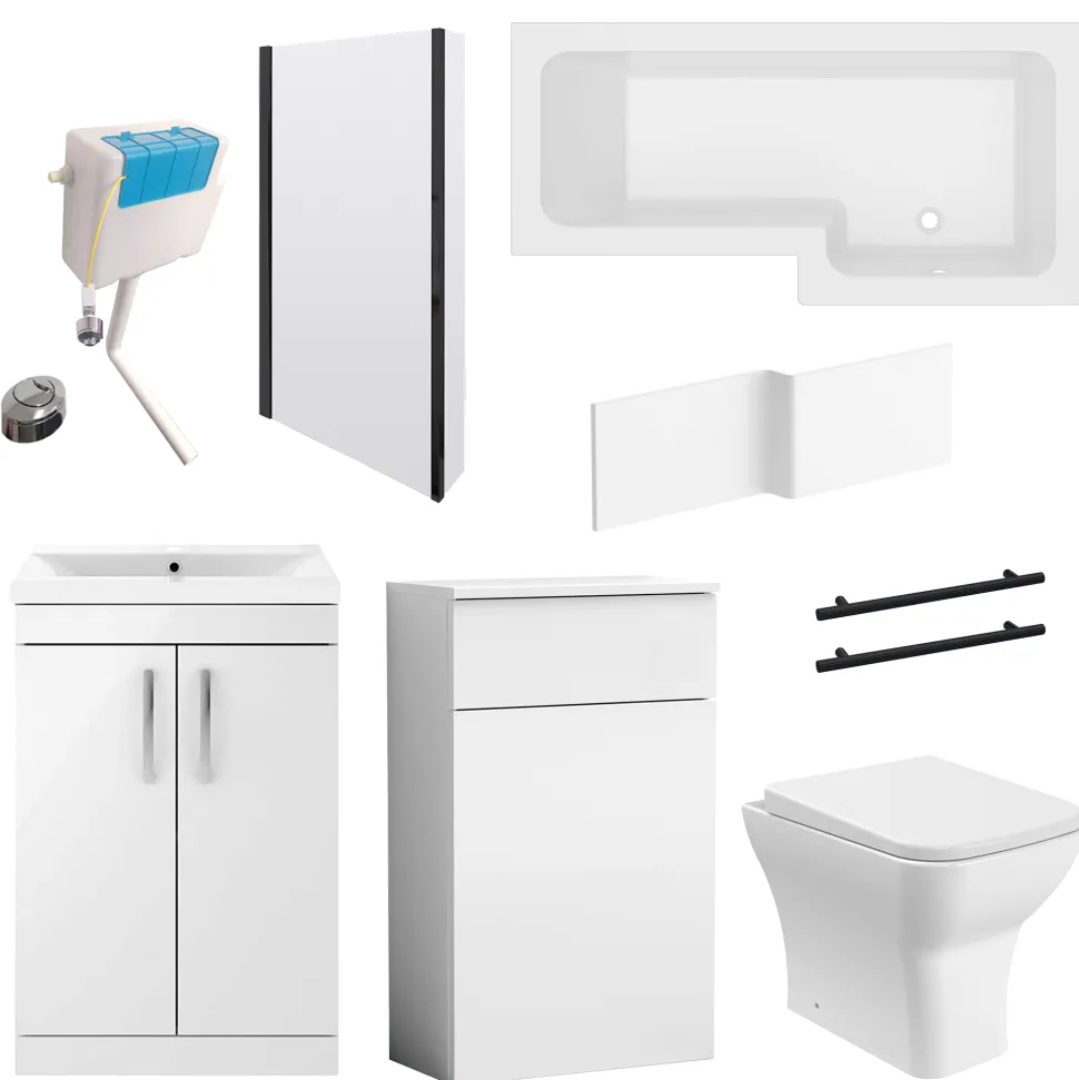 Emily Matt Black L Shaped Shower Bath Suite with Rimless Back to Wall Toilet & 1700mm Bath