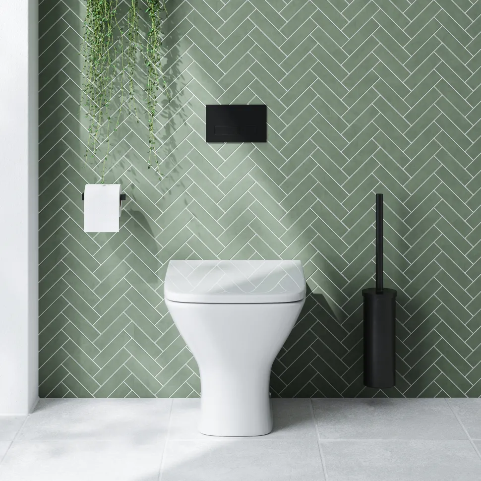 Emily Matt Black L Shaped Shower Bath Suite with Rimless Back to Wall Toilet & 1700mm Bath