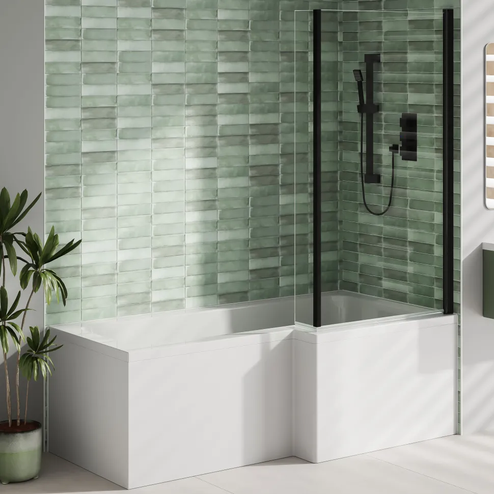 Emily Matt Black L Shaped Shower Bath Suite with Rimless Back to Wall Toilet & 1700mm Bath