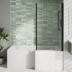 Emily Matt Black L Shaped Shower Bath Suite with Rimless Back to Wall Toilet & 1700mm Bath