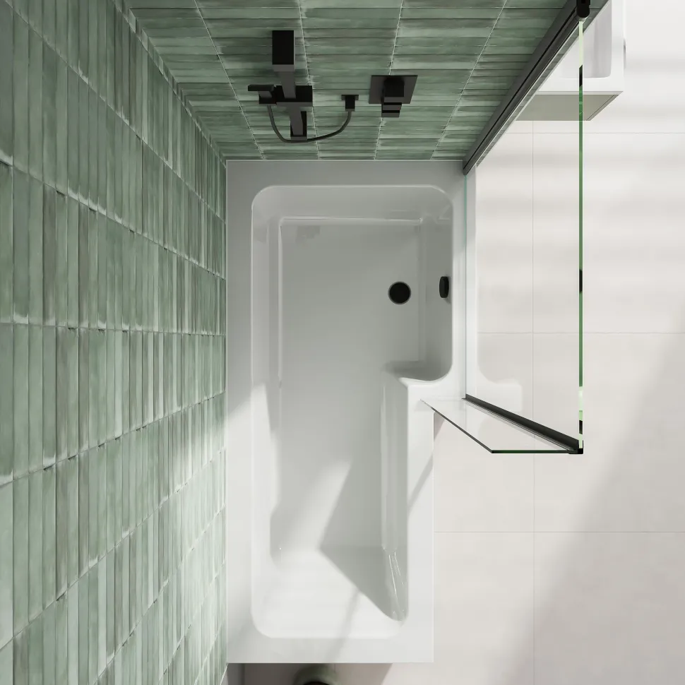 Emily Matt Black L Shaped Shower Bath Suite with Rimless Back to Wall Toilet & 1700mm Bath