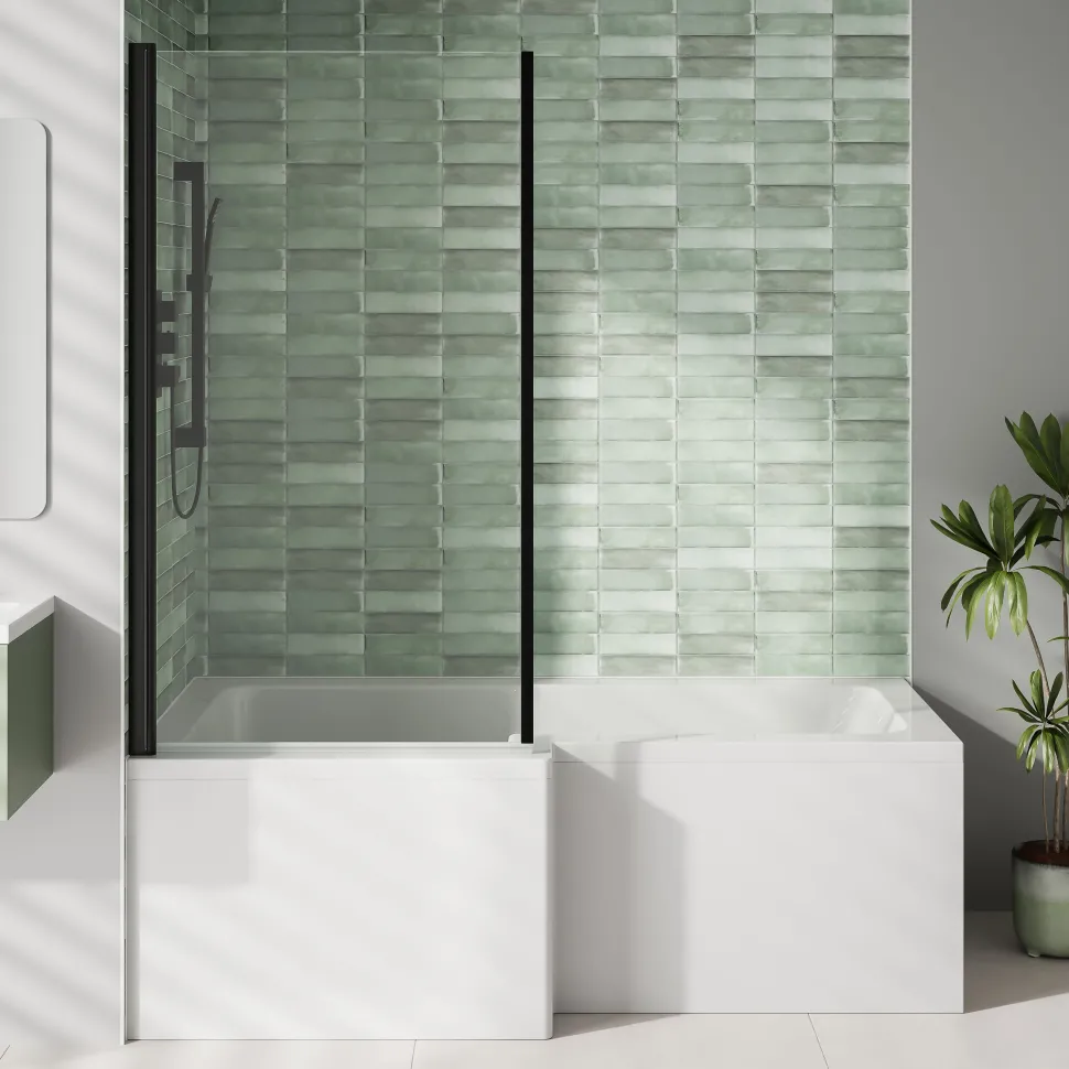 Emily Matt Black Shower Bath Suite with 1700mm L Shaped Bath & Rimless Toilet