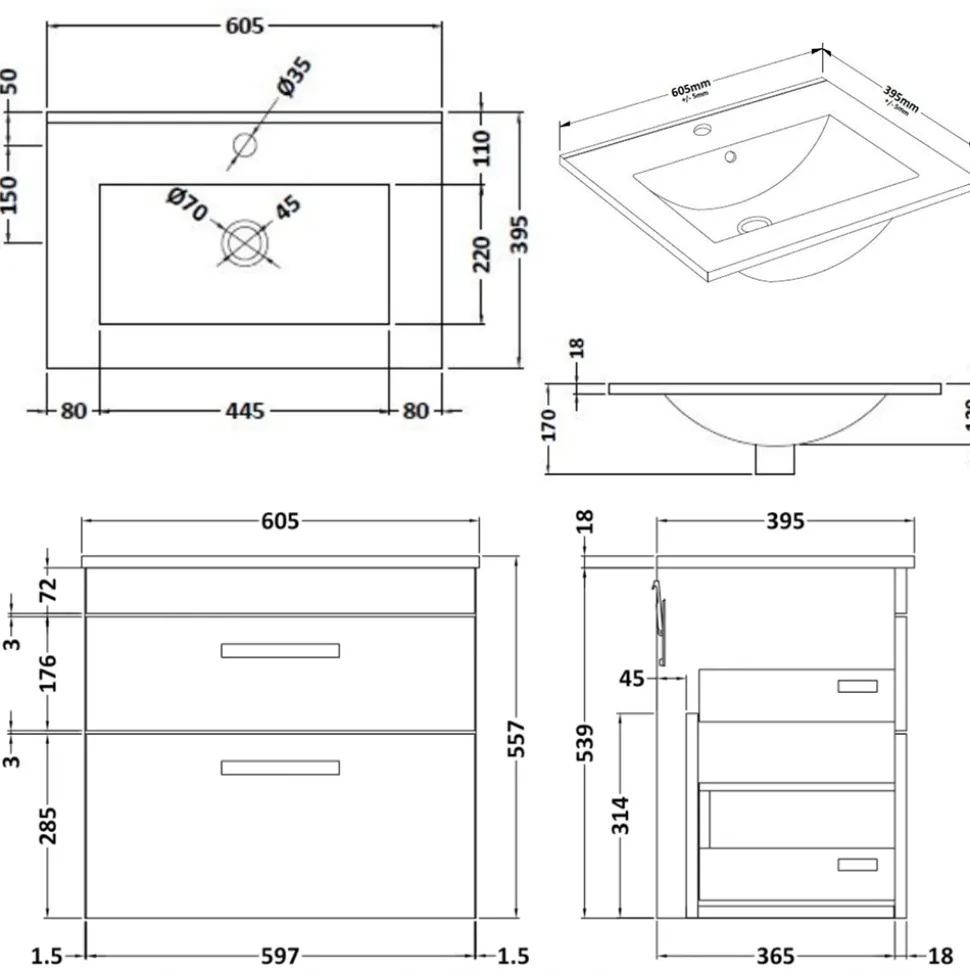 Emily 600mm Wall Mounted 2 Drawer Vanity Unit & Basin Options