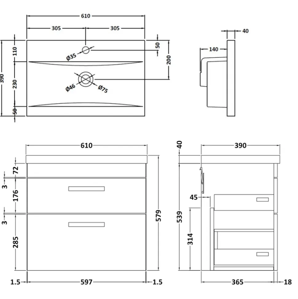 Emily 600mm Wall Mounted 2 Drawer Vanity Unit & Basin Options