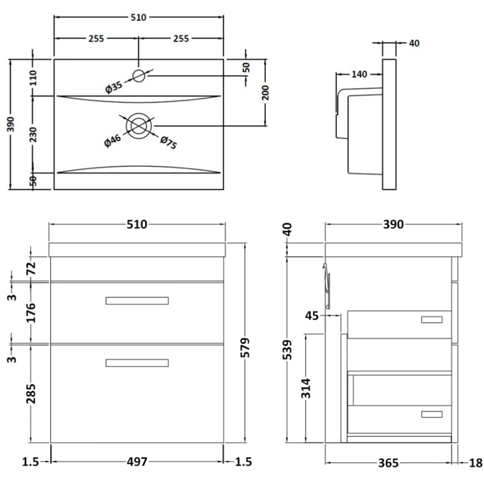 Emily 500mm Wall Mounted 2 Drawer Vanity Unit & Basin Options