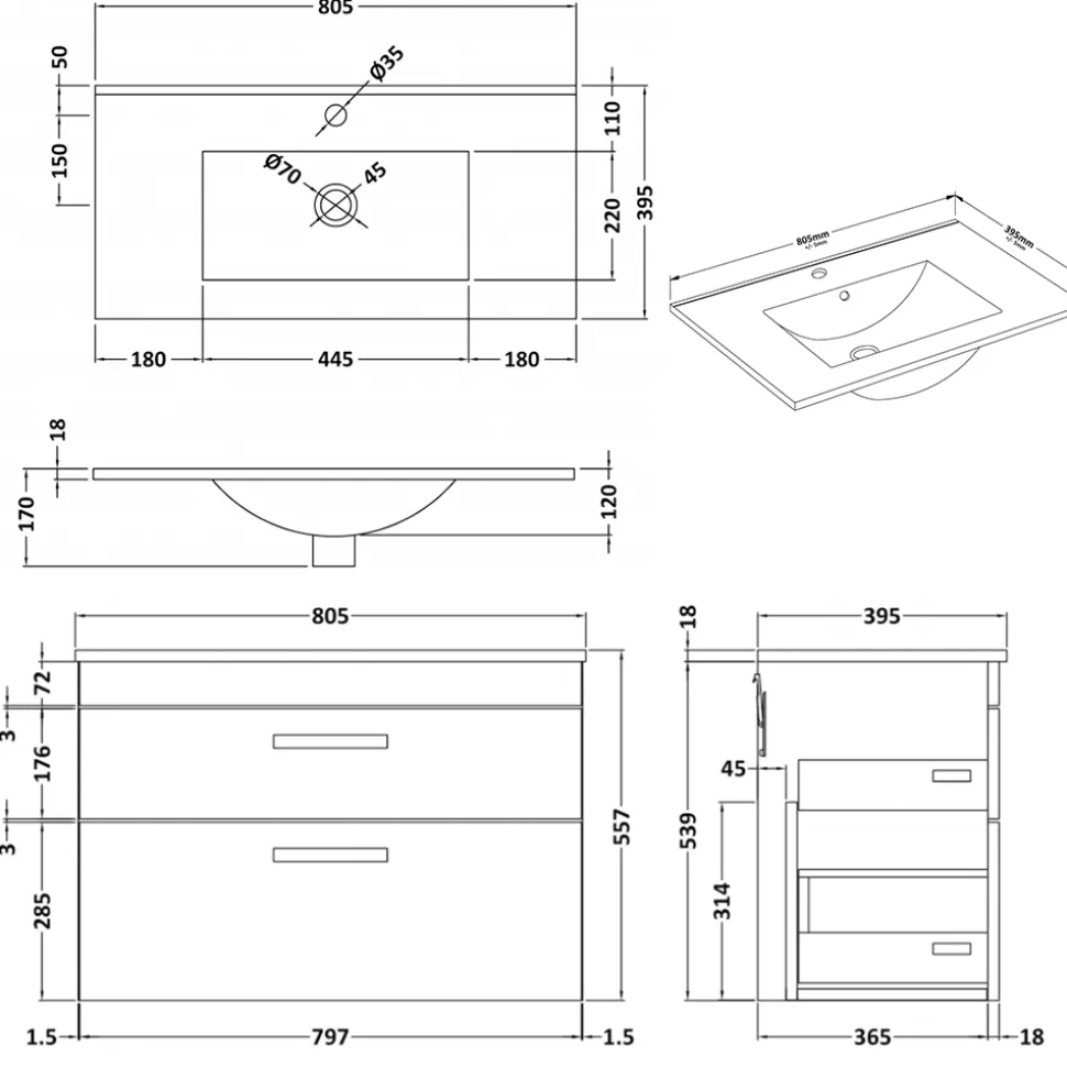 Emily 800mm Wall Mounted 2 Drawer Vanity Unit & Basin Options