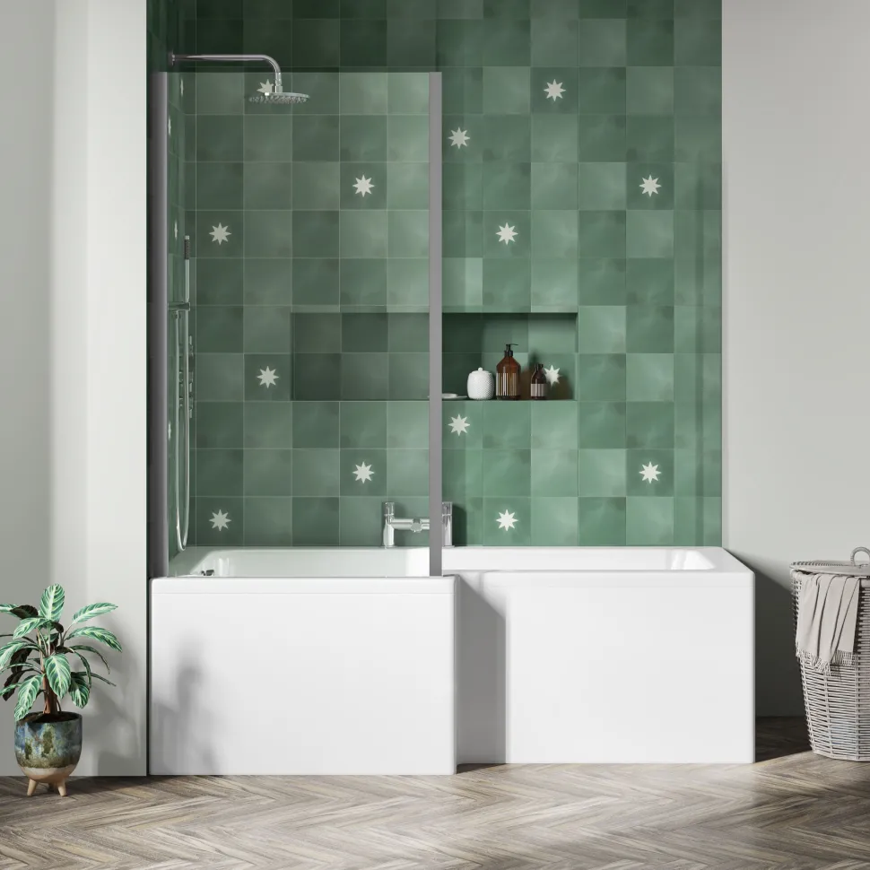 Emily Modern Shower Bath Suite with 1700mm L Shaped Bath & Rimless Toilet