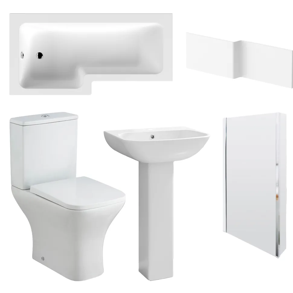 Emily Modern Shower Bath Suite with 1700mm L Shaped Bath & Rimless Toilet