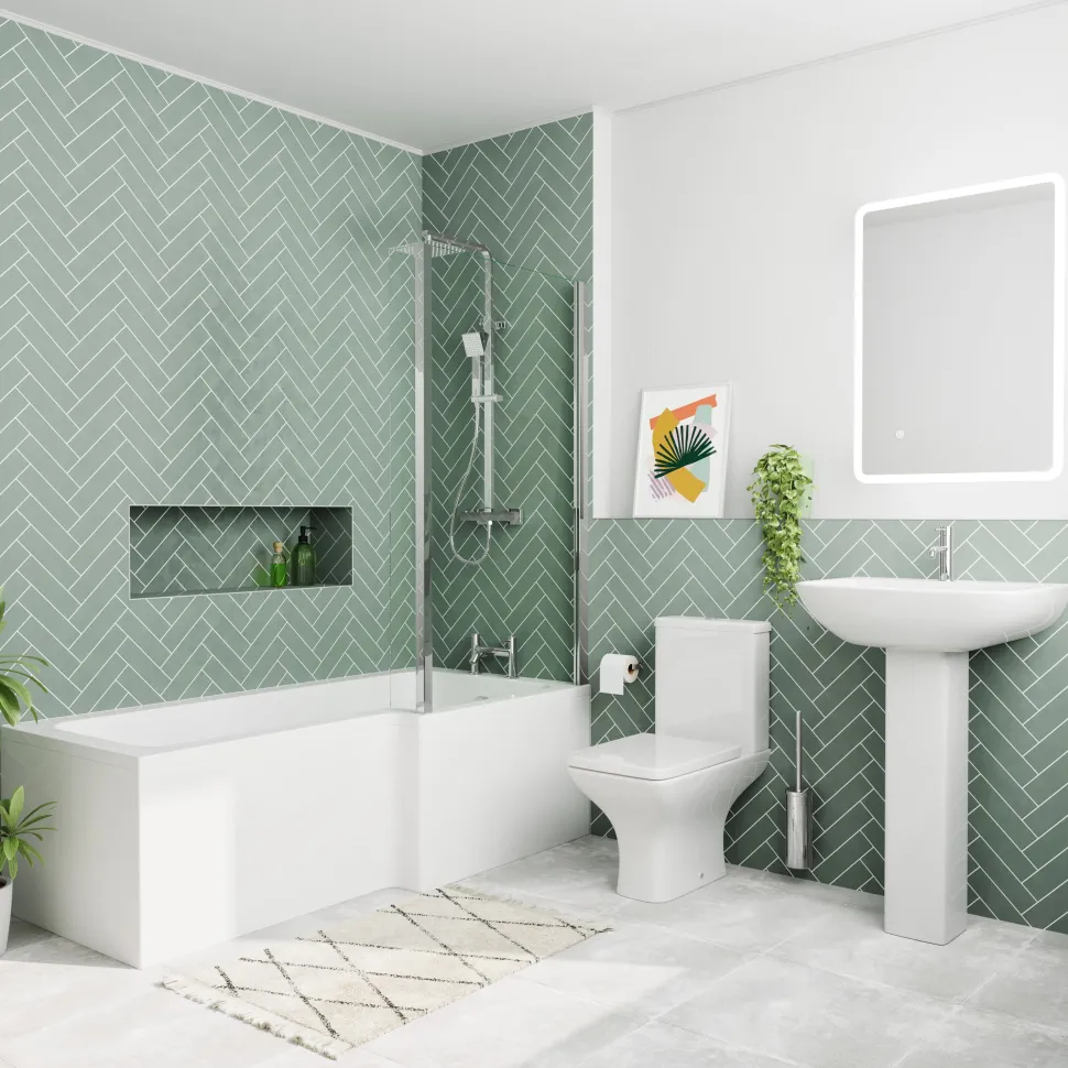 Emily Modern Shower Bath Suite with 1700mm L Shaped Bath & Rimless Toilet