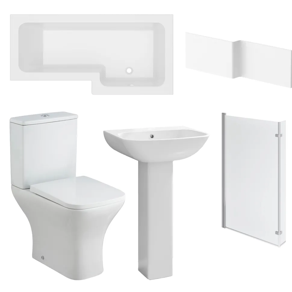 Emily Modern Shower Bath Suite with 1700mm L Shaped Bath & Rimless Toilet