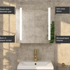 Erin Aluminium Double Door LED Bathroom Mirror Cabinet with Demister Pad & Shaver Socket - 600 x 600mm