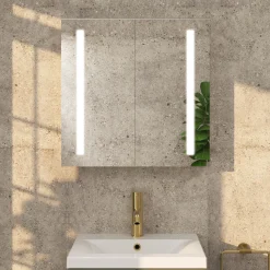 Erin Aluminium Double Door LED Bathroom Mirror Cabinet with Demister Pad & Shaver Socket - 600 x 600mm