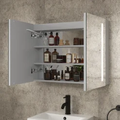 Erin Aluminium Double Door LED Bathroom Mirror Cabinet with Demister Pad & Shaver Socket - 800 x 600mm