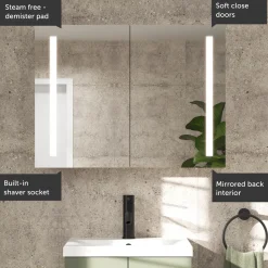 Erin Aluminium Double Door LED Bathroom Mirror Cabinet with Demister Pad & Shaver Socket - 800 x 600mm