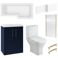 Erin Brushed Brass Shower Bath Suite with 1700mm L Shaped Bath & Rimless Toilet