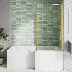 Erin Brushed Brass Shower Bath Suite with 1700mm L Shaped Bath & Rimless Toilet