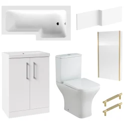 Erin Brushed Brass Shower Bath Suite with 1700mm L Shaped Bath & Rimless Toilet