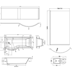 Erin Complete Bathroom Suite with 1700mm P Shaped Shower Bath & Rimless Toilet
